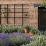 Ultra-detailed modern urban garden with terracotta pots and wild Mediterranean plants, featuring vintage climbing frames against a weathered brick wall, captured in soft golden hour light with dramatic shadows and a bokeh background.