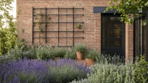 Ultra-detailed modern urban garden with terracotta pots and wild Mediterranean plants, featuring vintage climbing frames against a weathered brick wall, captured in soft golden hour light with dramatic shadows and a bokeh background.