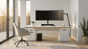 Cinematische foto van een moderne Scandinavische thuisoffice met een minimalistisch wit eiken bureau, vloeiende kabels en een ultra-breed gebogen monitor, verlicht door het gouden uurlicht.
