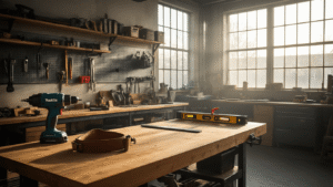 Modern DIY workshop in the Netherlands, showcasing a robust oak workbench surrounded by professional tools, bathed in soft northern morning light streaming through large industrial windows. The space features a mix of warm woods and cool metals, complete with a vintage leather tool belt, organized metal pegboard, and a raw concrete floor, all captured in photorealistic detail.