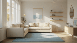 Hyperrealistische foto van een kleine Scandinavische woonkamer met een minimalistische crème bank, pastelkleurig blauw vloerkleed, en natuurlijk licht dat door de vloer-tot-ceiling ramen stroomt.