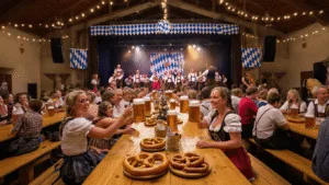 A vibrant Oktoberfest scene inside Stadszaal Flint Amersfoort, featuring people in traditional Bavarian attire raising beer steins at long communal tables, with a band playing on stage decorated with blue and white banners, surrounded by pretzels and bratwurst amidst warm, atmospheric lighting and string lights.