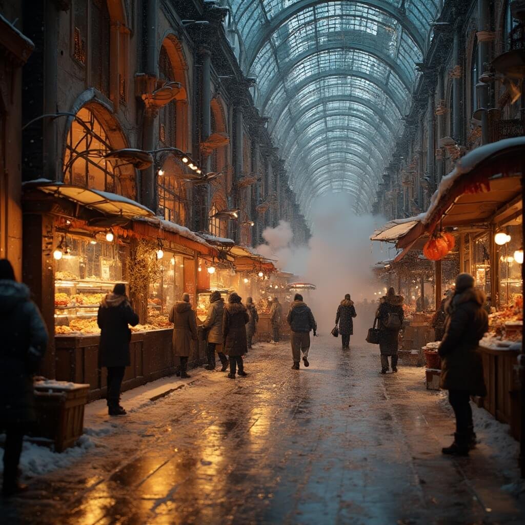 An intimate winter evening scene at Rotterdam's Markthal, showcasing a warmly lit curved dome interior, bustling food stalls with people browsing, frost patterns on glass walls, and steam rising from food vendors, all enveloped in a cozy atmosphere with rich market displays and soft bokeh effects.