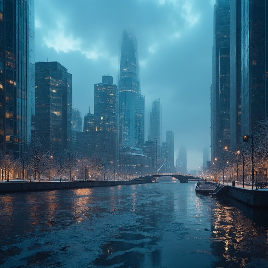 A wide-angle shot of Rotterdam's modern skyline at dusk in winter, featuring snow-dusted skyscrapers reflecting city lights, a dramatic cloudy sky, soft streetlamp illumination, and the Erasmus Bridge in the background, showcasing ultra-detailed architecture in moody winter colors.