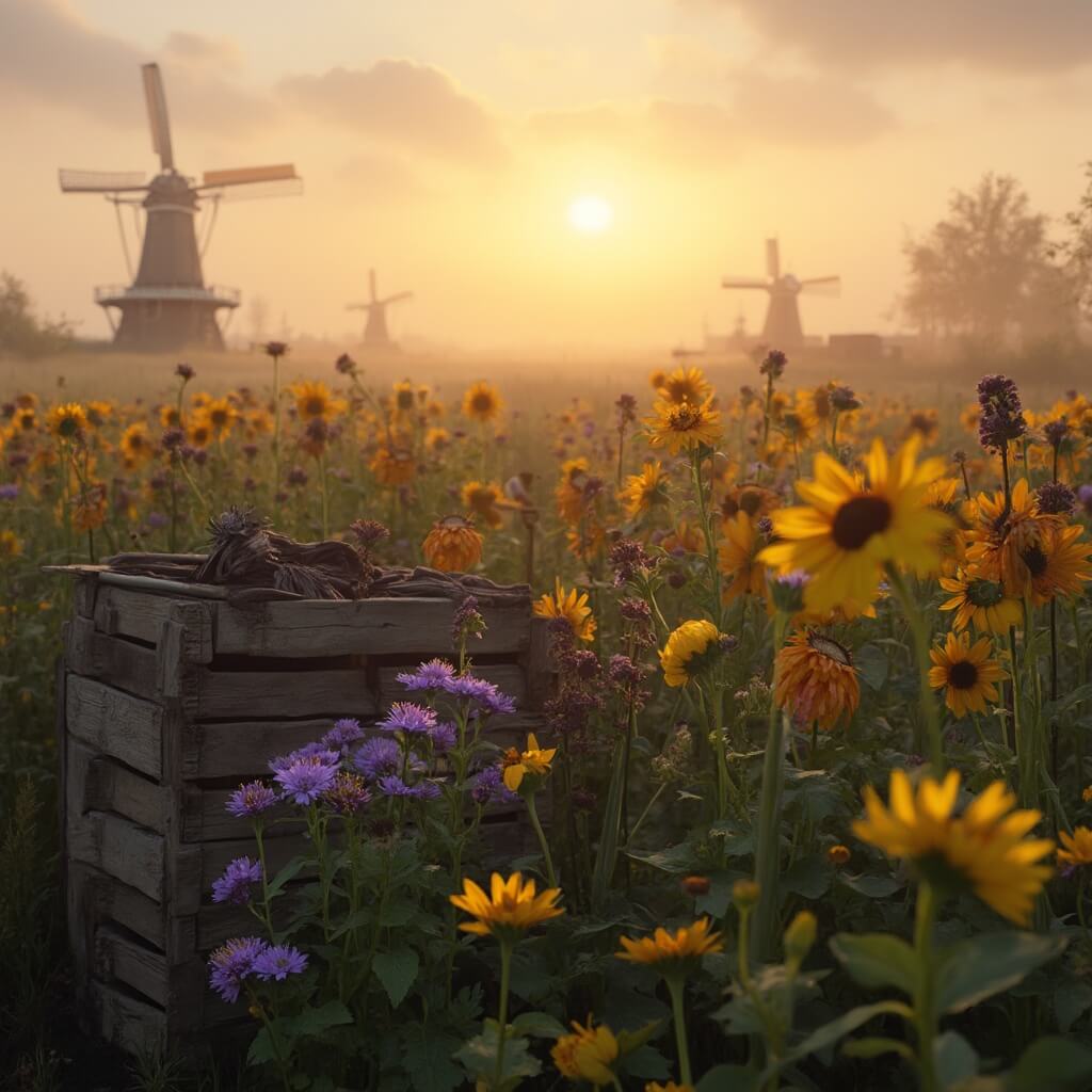 A picturesque rustic flower field at sunset, filled with vibrant autumn blooms like purple asters, golden marigolds, and towering sunflowers. Wooden crates and vintage garden tools are scattered throughout the scene, surrounded by soft golden hour lighting and a misty morning atmosphere, set against a Dutch polder landscape with windmills in the distant background.