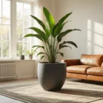 Scandinavische woonkamer met grote strelitzia in een anthracietgrijze Intratuin-plantpot, cognackleurige leren bank op een versleten vintage tapijt, natuurlijk licht van grote ramen, cinematische uitstraling.