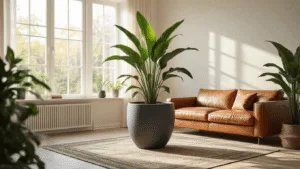 Scandinavische woonkamer met grote strelitzia in een anthracietgrijze Intratuin-plantpot, cognackleurige leren bank op een versleten vintage tapijt, natuurlijk licht van grote ramen, cinematische uitstraling.