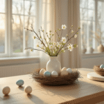 Een cinematologisch, fotorealistisch interieur van een Scandinavische woonkamer tijdens het gouden uur, met een eikenhouten eettafel centraal versierd met witte keramische eieren, verse lentebloemen en natuurlijke takken. Zacht natuurlijk licht stroomt door hoge ramen met vloeiende linnen gordijnen, terwijl schone witte muren contrasteren met warme houten elementen. Een marmeren bijzettafel houdt delicate nestarrangementen met lichtblauwe en crèmekleurige eieren. Hypergedetailleerde texturen van linnen, keramiek en natuurlijke materialen.