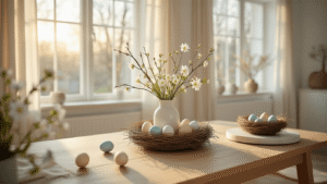 Een cinematologisch, fotorealistisch interieur van een Scandinavische woonkamer tijdens het gouden uur, met een eikenhouten eettafel centraal versierd met witte keramische eieren, verse lentebloemen en natuurlijke takken. Zacht natuurlijk licht stroomt door hoge ramen met vloeiende linnen gordijnen, terwijl schone witte muren contrasteren met warme houten elementen. Een marmeren bijzettafel houdt delicate nestarrangementen met lichtblauwe en crèmekleurige eieren. Hypergedetailleerde texturen van linnen, keramiek en natuurlijke materialen.