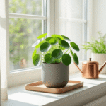 Cinematische foto van een lichte Scandinavische woonkamer met een Pilea peperomioides op een vensterbank, omringd door natuurlijke lichtinval en zachte linnen gordijnen.