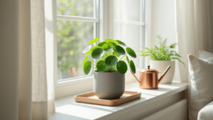 Cinematische foto van een lichte Scandinavische woonkamer met een Pilea peperomioides op een vensterbank, omringd door natuurlijke lichtinval en zachte linnen gordijnen.
