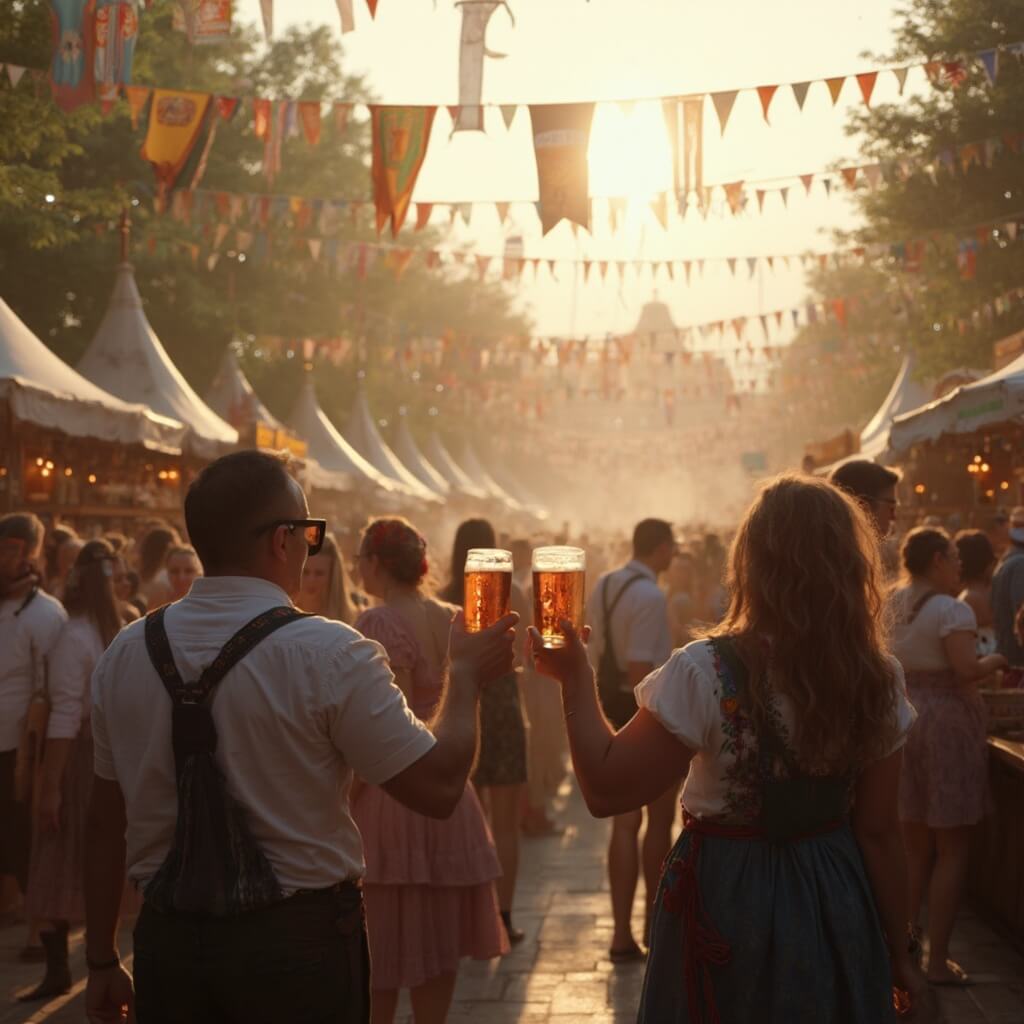 Oktoberfest Amersfoort: Waar Bier, Muziek en Gezelligheid Samenkomen! Fotorealistisch beeld van een druk Oktoberfest met duurzame elementen, herbruikbare bierpullen, diverse mensen in traditionele en moderne kleding, vegetarische voedselstands en minimale afvalbeheerstations, warm gouden avondlicht in een drukke buitenfestivalsetting, authentieke Nederlandse festival sfeer.