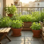 Hyperrealistisch gefotografeerde intieme stedelijke balkon tuin met terracotta potten vol radijsjes en verse kruiden, verlicht door het gouden uur zonlicht, met vintage houten meubels en industriële plantenbakken.