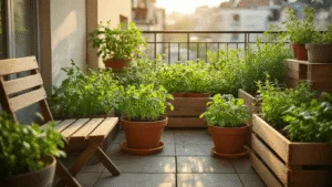 Hyperrealistisch gefotografeerde intieme stedelijke balkon tuin met terracotta potten vol radijsjes en verse kruiden, verlicht door het gouden uur zonlicht, met vintage houten meubels en industriële plantenbakken.
