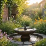 Een atmospherisch, cinematisch beeld van een weelderige urban tuin tijdens het gouden uur, met een rustieke stenen vogelbad in de voorgrond, omringd door bloeiende verbenen en vlinderstruiken. In de middenachtergrond staan diverse inheemse planten en klimop op verouderde bakstenen muren. Op de achtergrond enkele houten vogelhuisjes tegen een zachte bokeh. Dappled zonlicht valt door het loof met een warme gloed en een lichte ochtendnevel voegt diepte toe. Er zijn kleine vogels die perchen, voeden en baden, met een rijke kleurenpalet en diverse texturen.