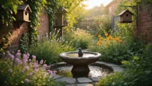 Een atmospherisch, cinematisch beeld van een weelderige urban tuin tijdens het gouden uur, met een rustieke stenen vogelbad in de voorgrond, omringd door bloeiende verbenen en vlinderstruiken. In de middenachtergrond staan diverse inheemse planten en klimop op verouderde bakstenen muren. Op de achtergrond enkele houten vogelhuisjes tegen een zachte bokeh. Dappled zonlicht valt door het loof met een warme gloed en een lichte ochtendnevel voegt diepte toe. Er zijn kleine vogels die perchen, voeden en baden, met een rijke kleurenpalet en diverse texturen.