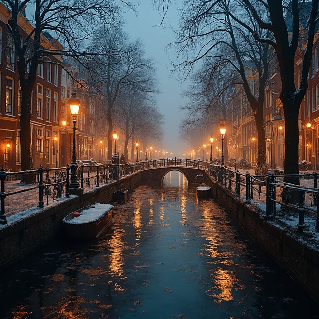 A picturesque winter evening in Leiden, Netherlands, featuring frost-covered historic canal houses along a narrow canal with golden light reflections, lightly dusted cobblestone streets, and warm glows from windows and street lamps.