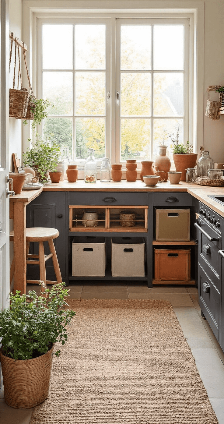 Bovenaanzicht van een knusse knutselhoek in de bijkeuken, verlicht door ochtendzon; vintage houten werktafel met krukjes, voorbereiding voor herfstdecoratie, manden vol natuurlijke materialen en glazen potten met knutselspullen, wandrek in mat zwart met terracotta en mosterdgele opbergdozen, kurken prikbord met seizoensgebonden inspiratie.