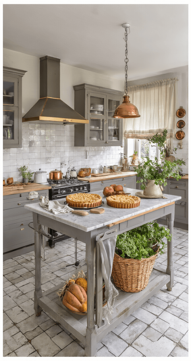 Landelijke keuken tijdens herfstbakdag met een centraal eiland. Marmeren werkblad met appeltaart, antraciet keukenfronten en eiken details. Diffuus licht door linnen gordijnen, koperkleurige pannen aan plafondrek, en vintage servies met kruidenthee. Verse pompoenen in rieten mand. Beeld genomen vanuit de deurpost.