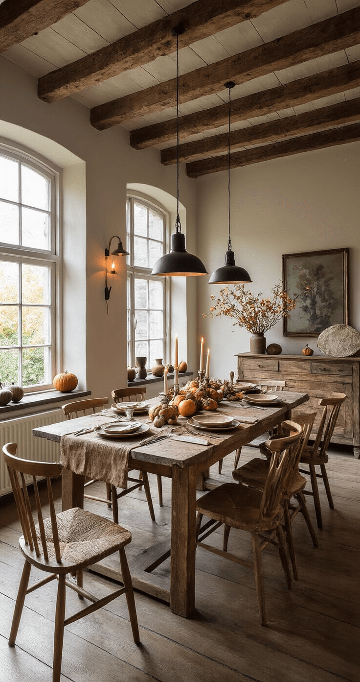 Rustieke eetkamer met ondanks het laagstaande camera perspectief een warme, uitnodigende sfeer voor een herfstdiner, inclusief een robuuste eettafel met linnen tafelloper in roestbruin, versierd met herfstbladeren, kleine pompoenen en dendrobium orchideeën, allemaal omringd door kaarslicht en dimbare wandlampen.