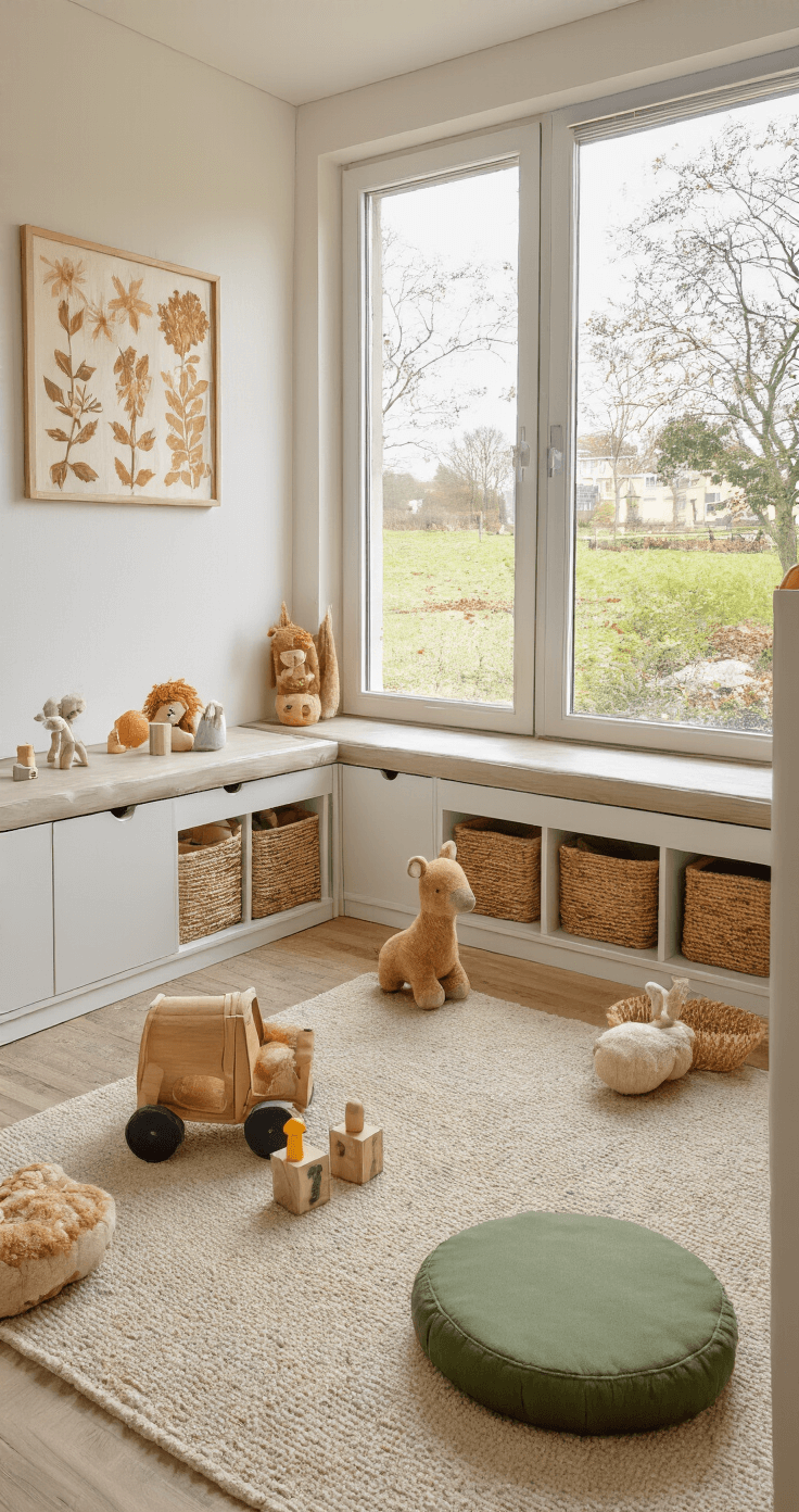 Herfstige kinderspeelhoek met natuurlijke materialen, grote ramen, bamboe rolgordijn, lage witte kasten, vloerkussen in bosgroen, en gedroogde bladeren als wanddecoratie.