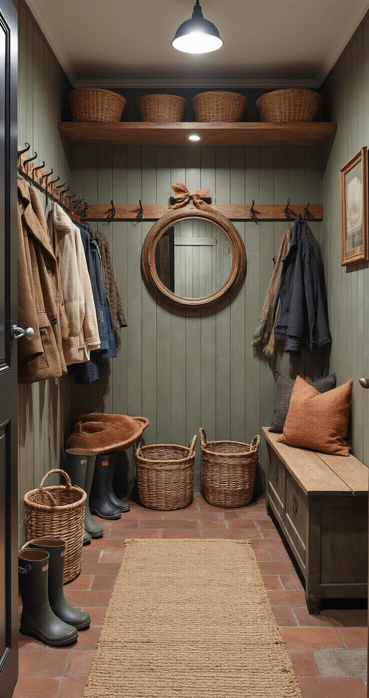 Ruimte met herfstsfeer, inclusief kapstok van verweerd hout, indirect licht, regenlaarzen in herfstkleuren, rieten manden, bronzen lijst spiegel, wandhaken en natuurstenen vloer met vintage loper.