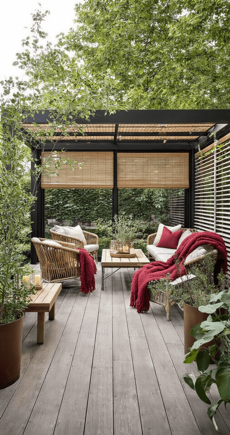 Overdekt terras met een veranda van 3x6m en glazen schuifwanden, verlicht door koperen lantaarns in schemerlicht. Rotan loungestoelen met bordeaux en mosterd kleurige dekens staan om houten bijzettafels met kaarsen in windlichten. Eucalyptus in cortenstalen plantenbakken en een half uitgerolde bamboe zonwering zijn zichtbaar, gefotografeerd vanuit de tuinzijde.