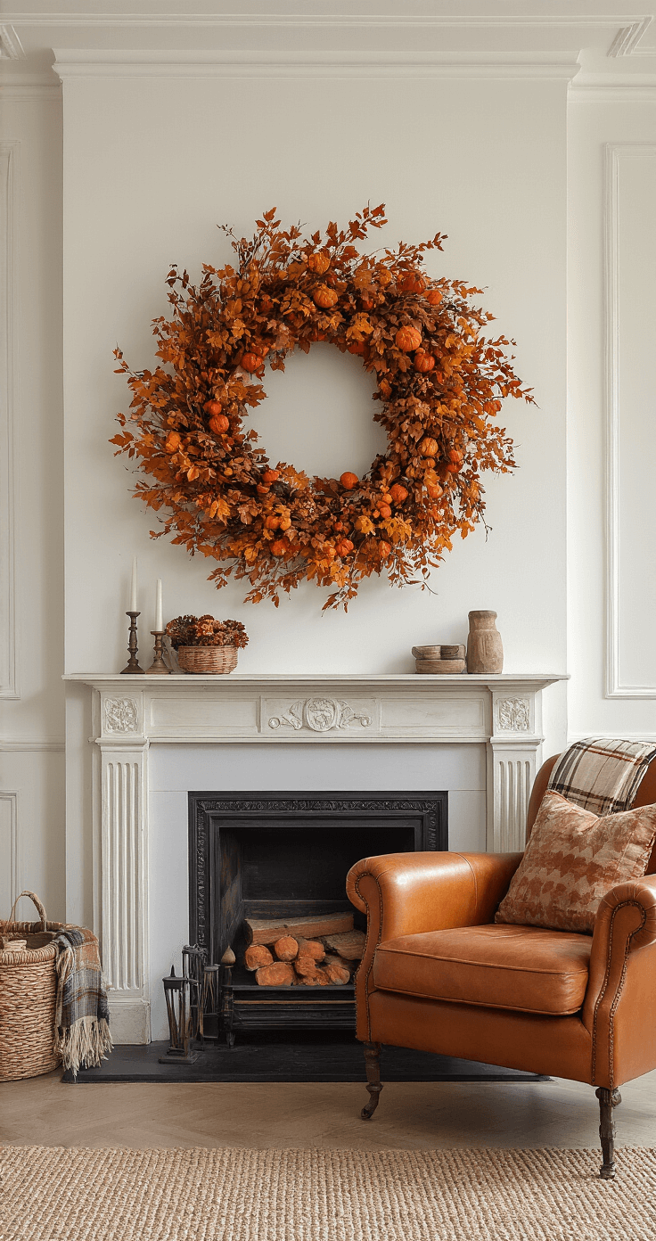 Gezellige woonkamer met hoge ramen en crèmewitte muur, sfeervol middaglicht valt binnen. Boven antieke schouw hangt een herfstkrans in warme oranje-rood tinten met droogbloemen en pompoentjes. Een cognackleurige leren fauteuil met een handgeweven plaid staat diagonaal in de ruimte.