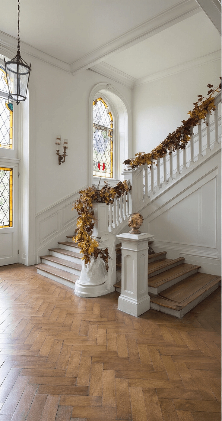 Een klassieke hal met een eiken visgraatvloer verlicht door de ochtendzon die door glas-in-lood ramen straalt. Een monumentale trap met een donkere leuning is versierd met een elegante herfstkrans in dieppaarse en bordeauxrode kleuren, met zijden linten. Onder de trap staat een antieke consoletafel met een koperen lantaarn. Het beeld is genomen vanuit een laag standpunt, waardoor de statige en traditionele sfeer accentueert.