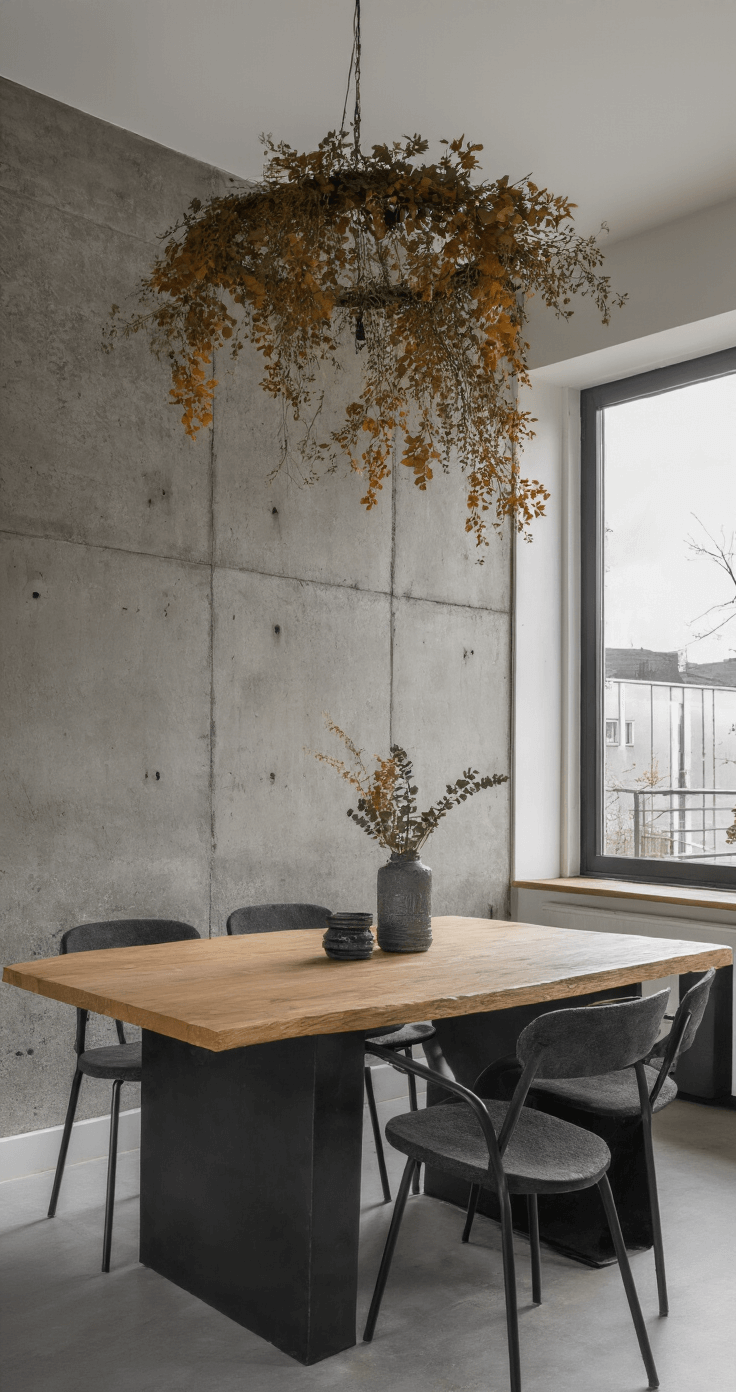 Moderne eetkamer van 5x6m met avondlicht door industriële raampartij, minimalistische zwarte staal/eiken eettafel en een zwevende herfstkrans van eucalyptus en gedroogde grassen, tegen een betonnen wand voor een industrieel, organisch sfeertje.