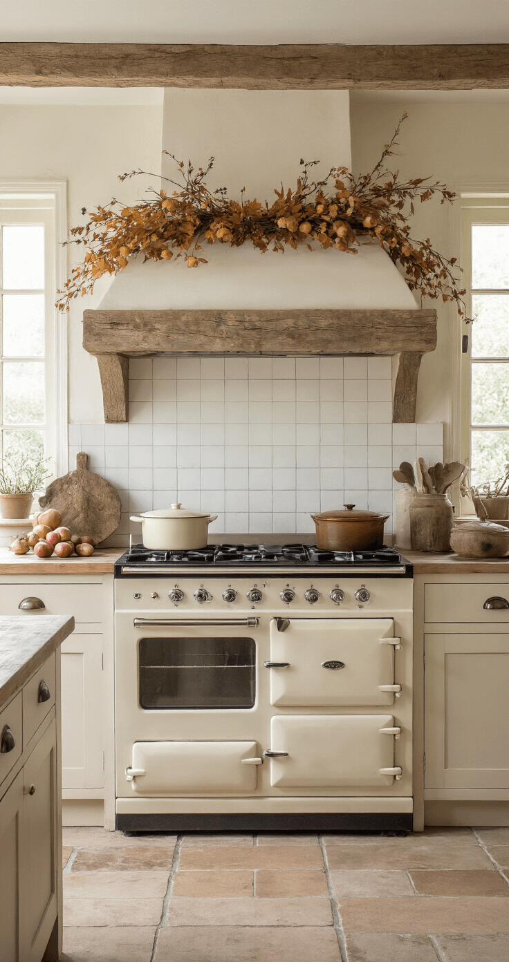Een landelijke keuken van 4x4m met diffus middaglicht, een crème Aga-fornuis versierd met een robuuste herfstkrans van wilgentakken, wilde bloemen en kleine appeltjes. Een verweerde houten werkbank met keramische potten biedt een rustieke en authentieke sfeer.