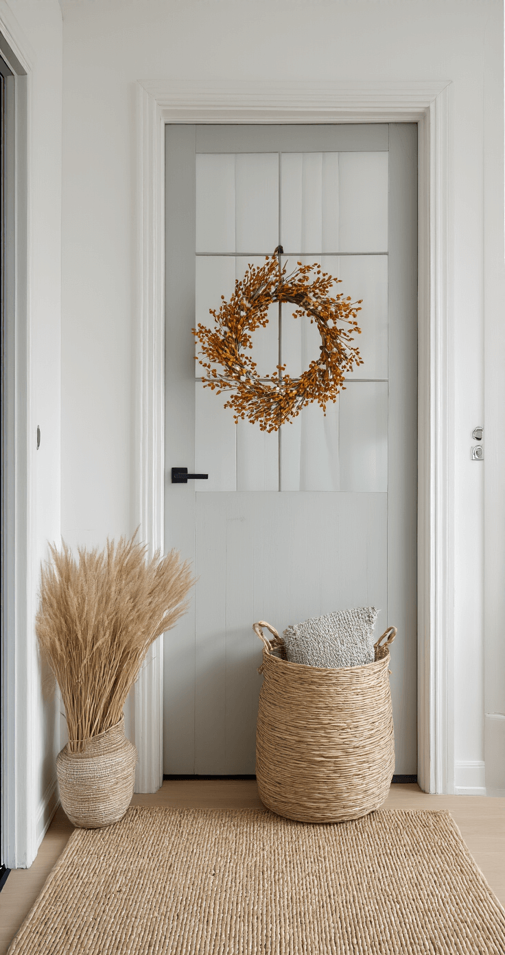 Een serene Scandinavische entree met witte muren en een licht bamboe vloer, verlicht door de ochtendzon die door matglas schijnt. Een minimalistische herfstkrans met witte bessentakken en gebleekte grassen hangt tegen een lichtgrijze deur, terwijl een rieten mand eronder staat. De foto is schuin van boven genomen.