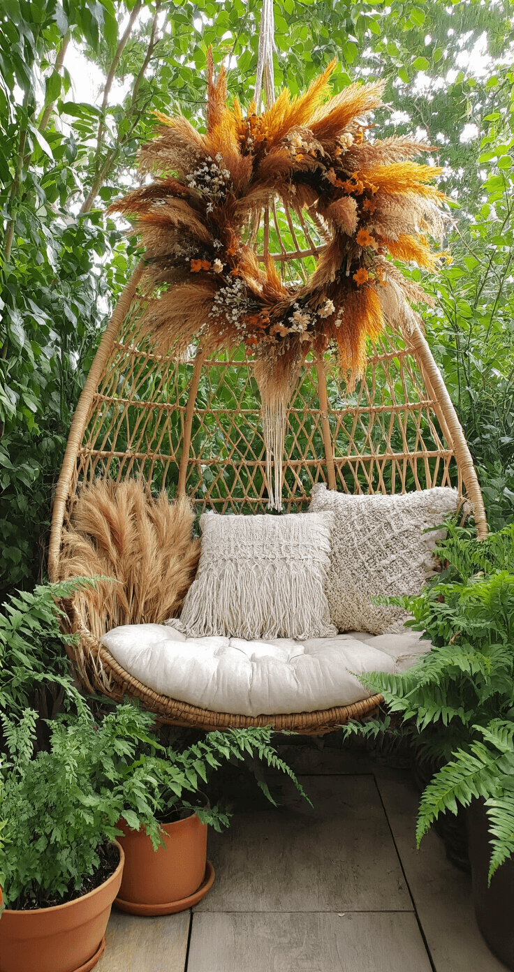 Een bohemian serre van 3x4 meter in namiddaglicht, met een rotan hangstoel met macramé kussen, een grote herfstkrans van pampagras en gedroogde hortensia's, en terracotta potten met varens.