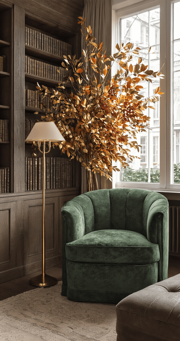 Een art deco studeerkamer van 3.5x4m in avondschemering, met messing wandlampen en een donkergroene velours fauteuil onder een dramatische herfstkrans van vergulde bladeren, pauwenveren en zwarte bessen. Op de achtergrond een mahonie boekenkast. De sfeer is luxueus en theatraal.