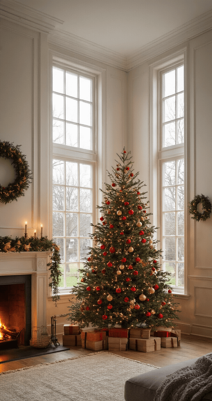 Een ruime woonkamer met hoge plafonds en grote ramen, verlicht door de winterzon. In het midden staat een 2.5 meter hoge kerstboom, versierd met vintage rode en gouden kerstballen en warme LED-lichten. Naast de boom staat een klassieke schouw met een brandend haardvuur, wat de warme avondsfeer versterkt.
