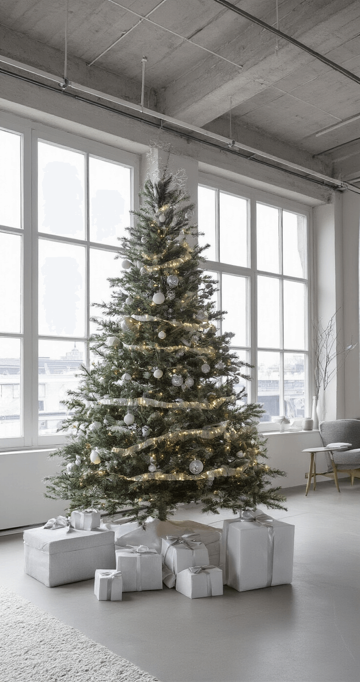 Moderne loft-stijl woonruimte met betonnen plafond en industriële elementen, een 2 meter hoge minimalistische kerstboom versierd met witte en zilveren geometrische ornamenten en LED-strips, en Scandinavische meubels in grijs en wit, gefotografeerd vanuit een laag standpunt met een opwaartse hoek onder helder daglicht dat door grote industriële ramen valt.