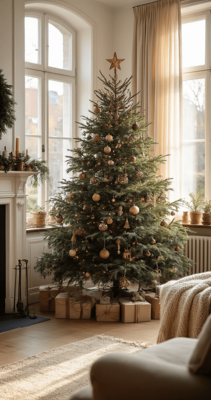 Een gezellig ingerichte woonkamer met een erker, decoratie van een 2.2m boheemse kerstboom met handgemaakte ornamenten, natuurlijke materialen en koperen accenten. Zacht middaglicht valt door kanten gordijnen, vintage meubels en warme texturen zijn zichtbaar.