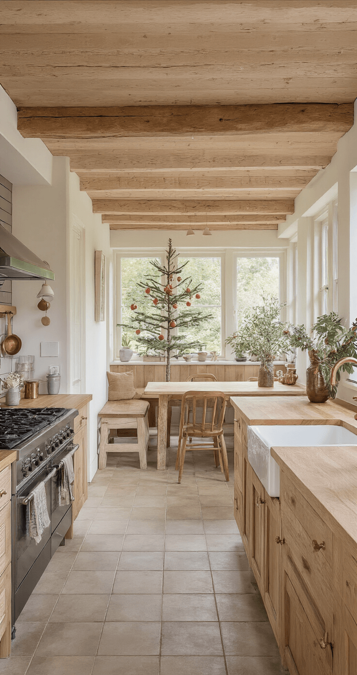 Landelijke woonkeuken met houten balken, versierd met een 2 meter hoge dennenboom en handgemaakte stroversieringen, in natuurlijk ochtendlicht.