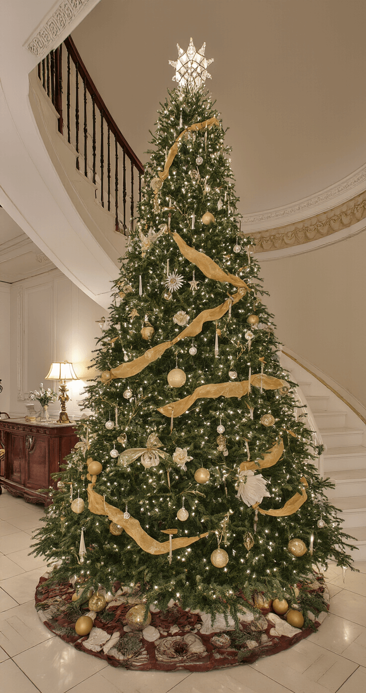 Monumentale herenwoning met originele ornamenten, een majestueuze 3 meter kerstboom versierd met antieke glazen ballen en kristallen ornamenten, klassieke meubels in dieprood en mahonie, vastgelegd vanuit een grandioze totaalshot vanaf de trap met dramatische avondbelichting en een kroonluchter.