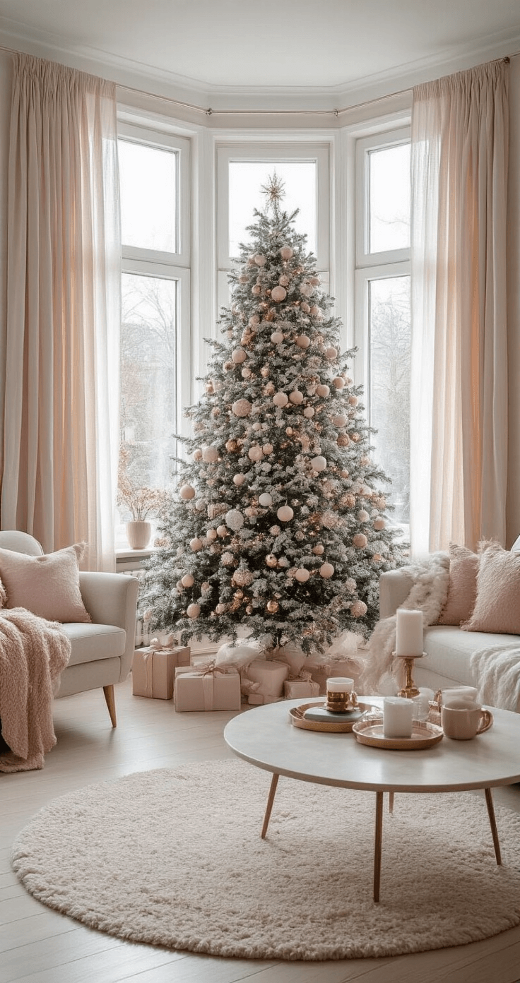 Moderne romantische woonkamer met erker, een 2.4m kerstboom bedekt met kunstsneeuw en versierd in pastelkleuren, evenals zachte textiel en velours meubels in bijpassende tinten, gefotografeerd in zachte focus met dromerige middagbelichting.