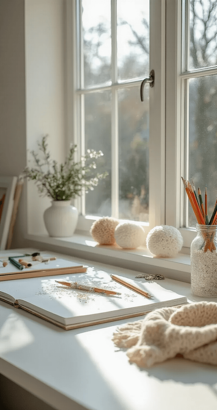 Kerst Knutselen: Magische Creatieve Momenten met Kinderen Lichte werkhoek met grote ramen en witte planken, vol met wattensneeuwpoppen en knutselmaterialen onder natuurlijk daglicht.