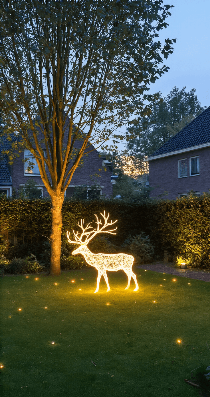 Ruime voortuin tijdens het blauwe uur met klassieke LED-verlichting rond een berk, grondspots die de gevel verlichten, netverlichting op buxusstruiken en een verlicht rendier op het gazon.