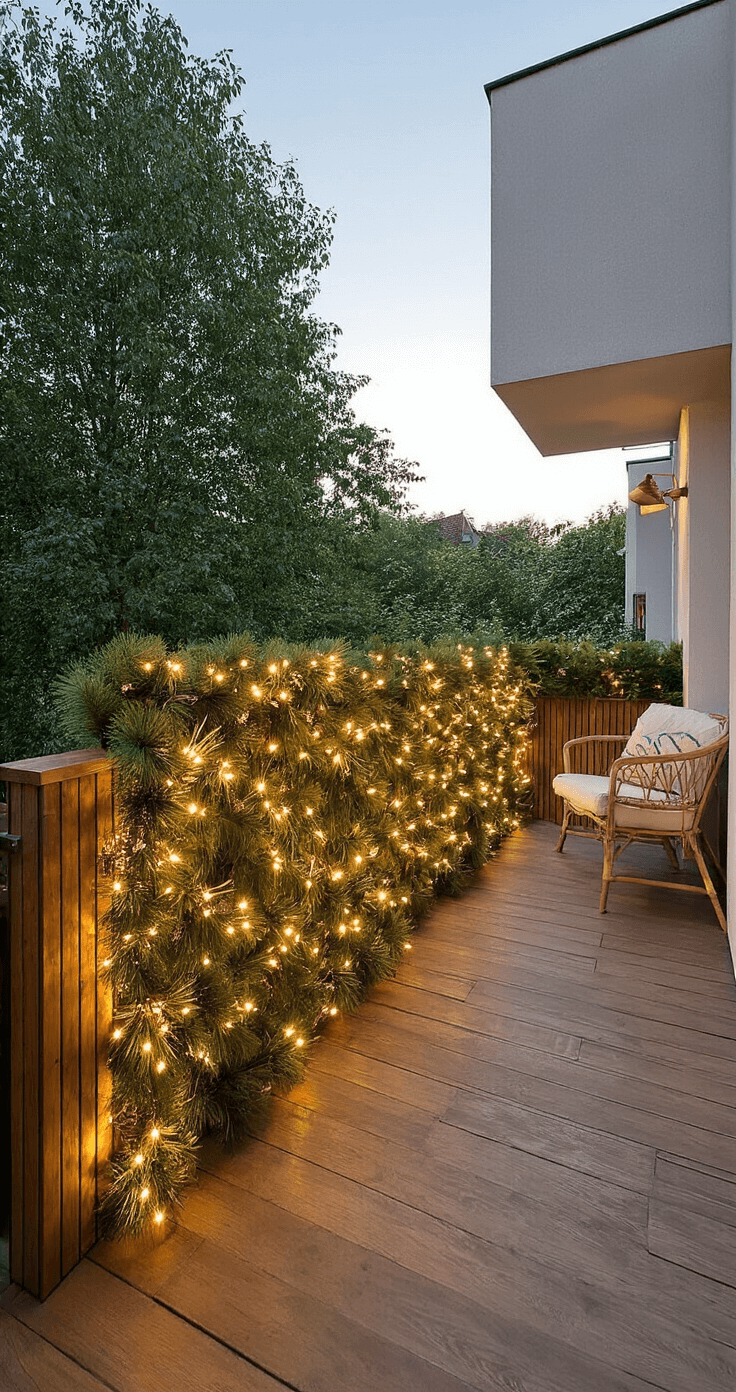 Intiem balkon met LED-verlichting en koperen lantaarns bij zonsondergang, versierd met een dennentakslinger en warme kleuren.