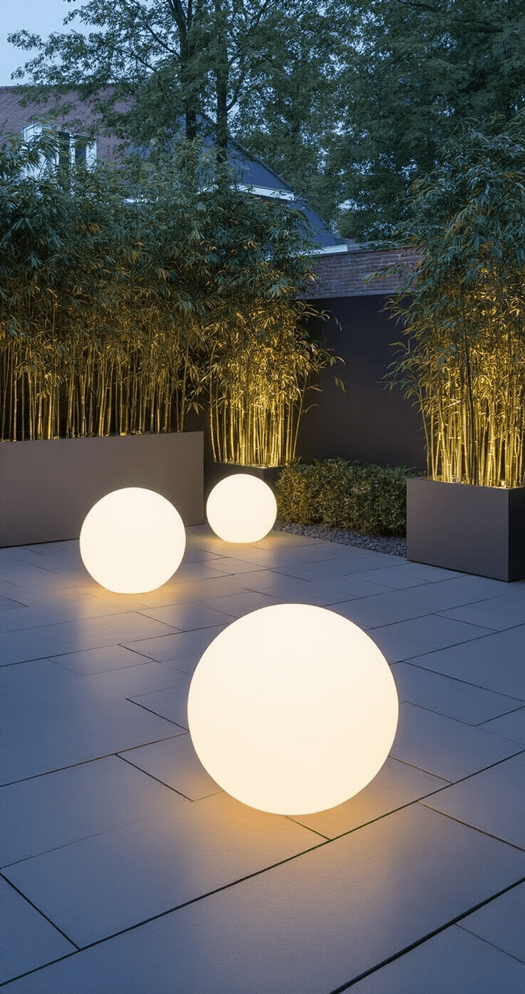Moderne terras met antracietkleurige vloer, minimalistische LED-lichtbollen en strakke plantenbakken met wintergroene bamboe, verlicht door verborgen LED-strips.