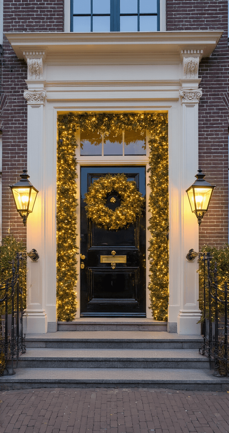 Monumentale herenhuisentree met klassieke lantaarnpalen en natuurstenen trap, omringd door een luxe kerstguirlande en goudaccenten, gefotografeerd tijdens het gouden uur.