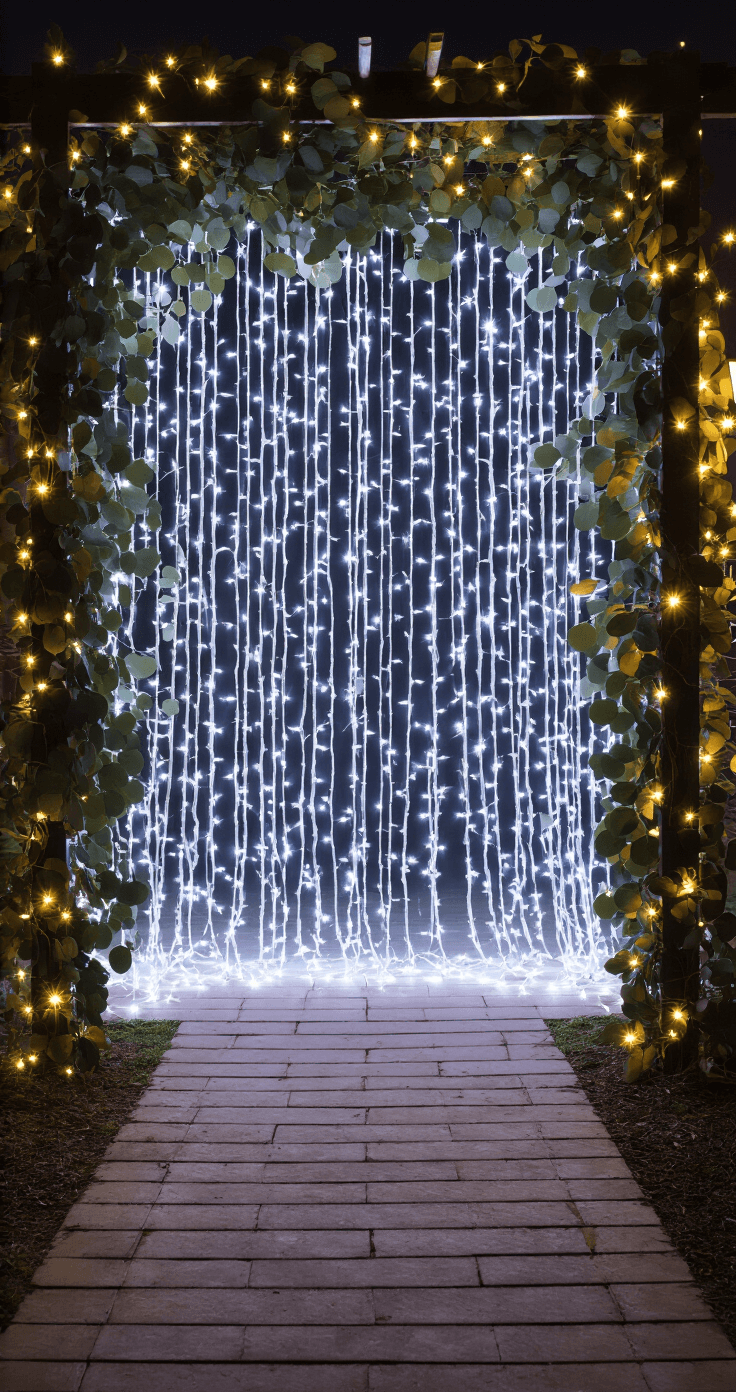 Een knusse doorgang met een twinkly smart LED-gordijn dat een sterrenhemel effect creëert, versierd met een handgemaakte eucalyptuskrans en witte takken, en gemarkeerd door matzwarte lantaarns met bewegingsgevoelige LED-verlichting, gefotografeerd door de lichtjes heen met bokeh-effect voor een magische en serene sfeer.