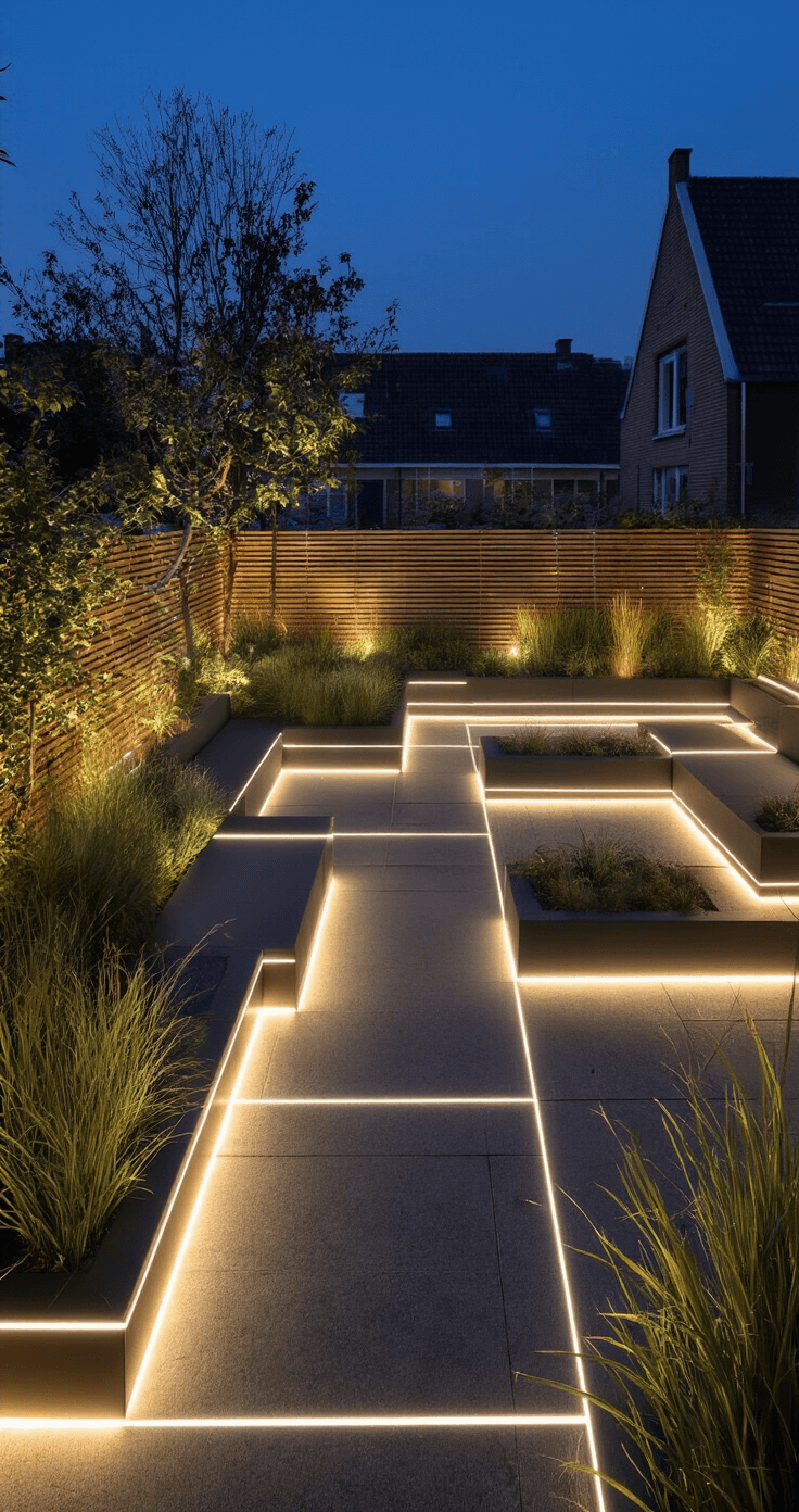 Eigentijdse daktuin bij nacht met geometrische LED-lichtstrips in verhoogde plantenbakken, een zwevende zitbank verlicht door indirecte LED-strips, omringd door verlichte winterharde grassen, alles gezien vanuit een drone perspectief met lange sluitertijd.