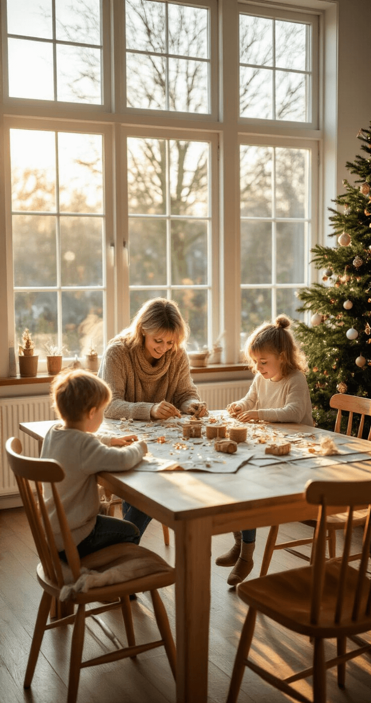 Kerst Knutselen met Kinderen: Magische Momenten Maken Gezellige woonkamer met grote ramen op een wintermiddag, waar een moeder en twee kinderen kerststerren maken van ijsstokjes aan een grote houten eettafel, bedekt met kranten, goudverf en glitters. Op de achtergrond staat een half versierde kerstboom.