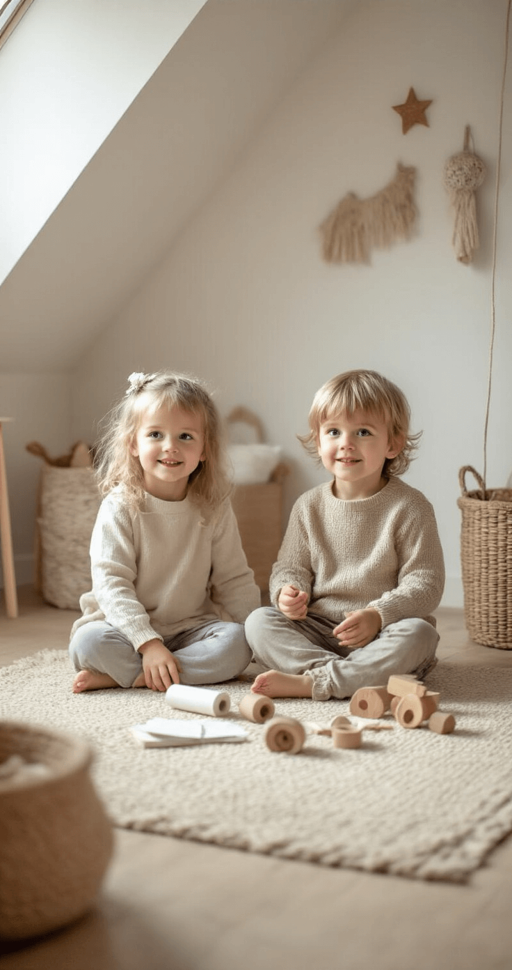 Kerst Knutselen met Kinderen: Magische Momenten Maken Een gezellige kinderkamer met een schuin dak, waar twee kinderen op een zacht beige vloerkleed zitten. Ze zijn omringd door knutselmaterialen zoals wc-rollen, papier en wiebeloogjes terwijl ze sneeuwpoppen maken. Indirect licht van een staande lamp zorgt voor zachte schaduwen, vastgelegd vanuit een laag perspectief met een ondiepe scherptediepte.