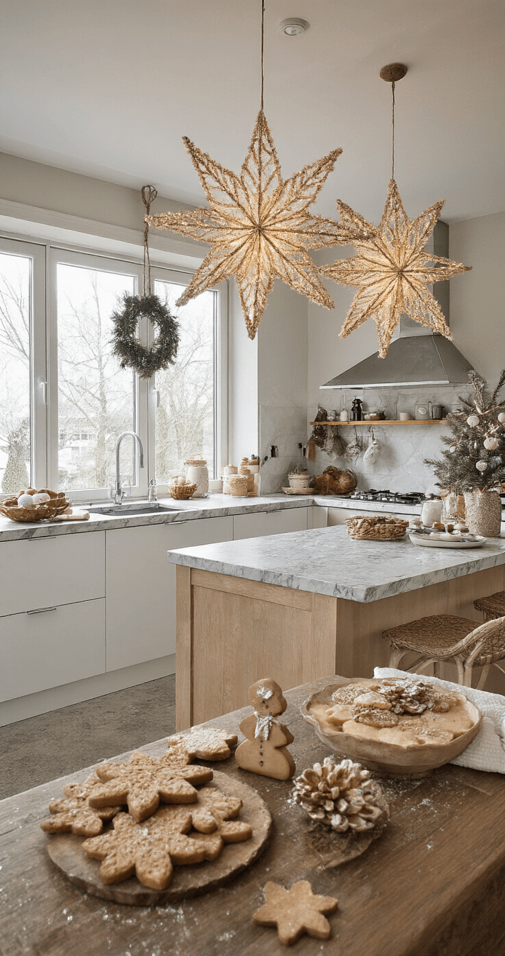 Kerst Knutselen: Magische Creatieve Momenten met Kinderen Moderne open keuken met eiland, versierd voor kerst, met handgemaakte sterren aan een houten balk, marmeren aanrecht met kerstkoekjes en knutselprojecten, in een ruimtelijke en feestelijke sfeer.